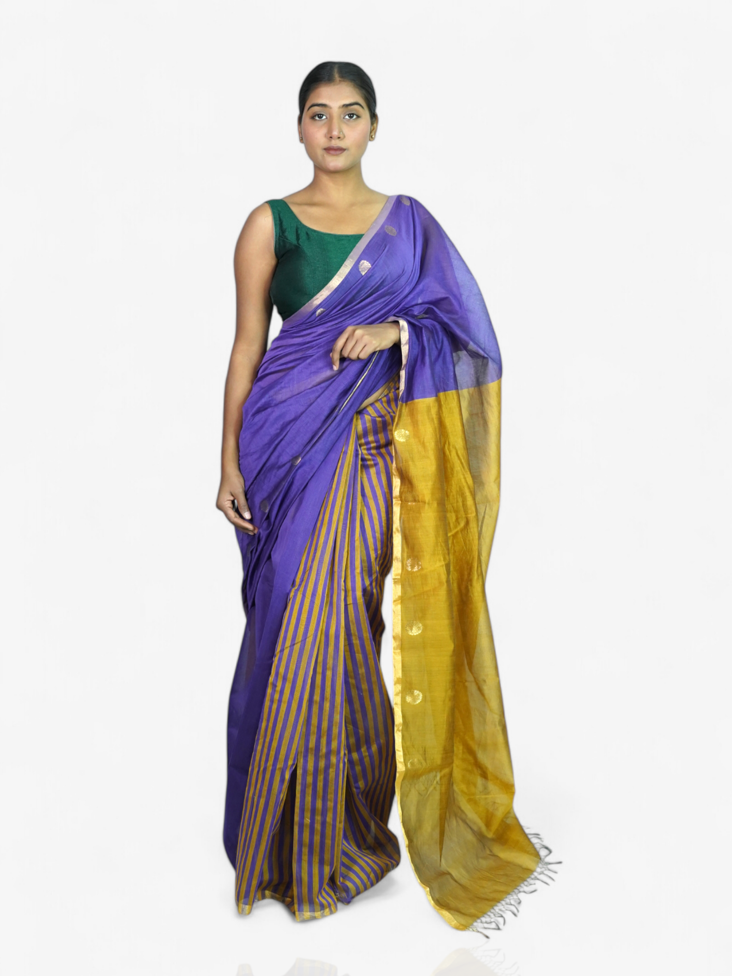 Orchid Glow – Chanderi Cotton Silk Saree with Stripes & Dot Detailing - Kozylook